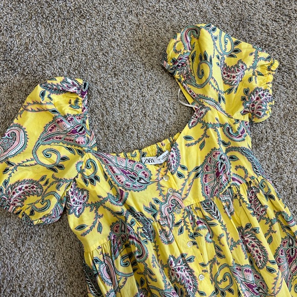 Zara Yellow Peasant Paisley Puff Sleeve Maxi Dress Sweetheart Neck Small Stretch - Picture 4 of 11